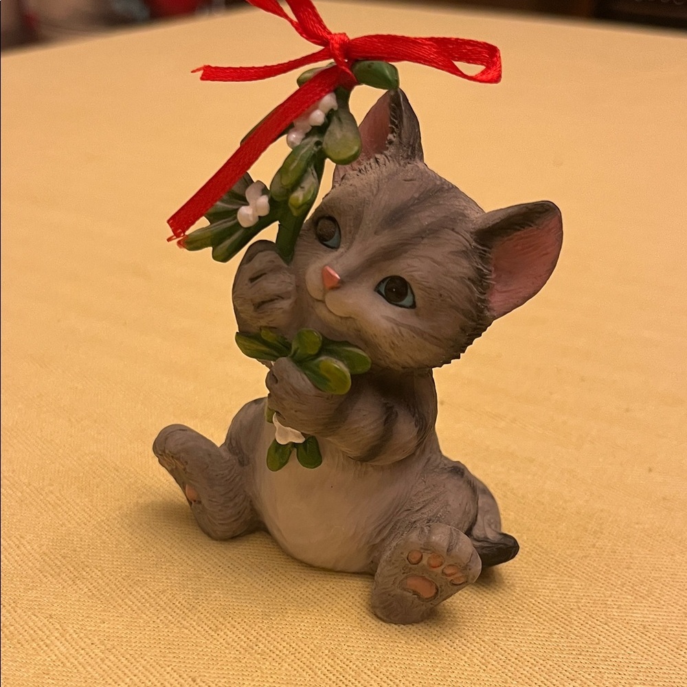 Lenox Gray and Green Cat Sculpture with Red Ribbon